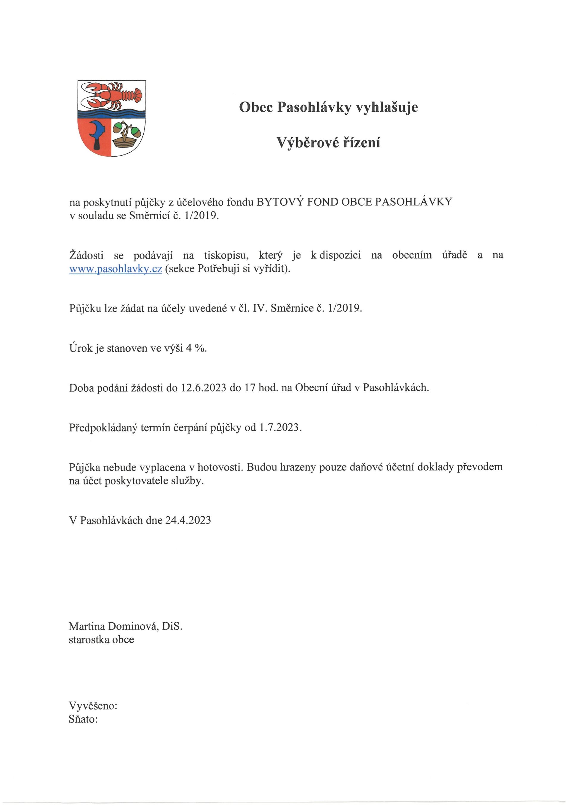 Obec Pasohlávky - Výběrové řízení na poskytnutí půjčky z účelového fondu Bytový fond obce Pasohlávky 2023