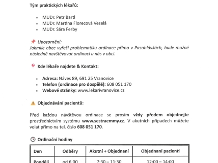 Ordinace Vranovice - Možnost registrace u praktického lékaře