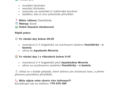 Dlouhodobý přivýdělek Pasohlávky