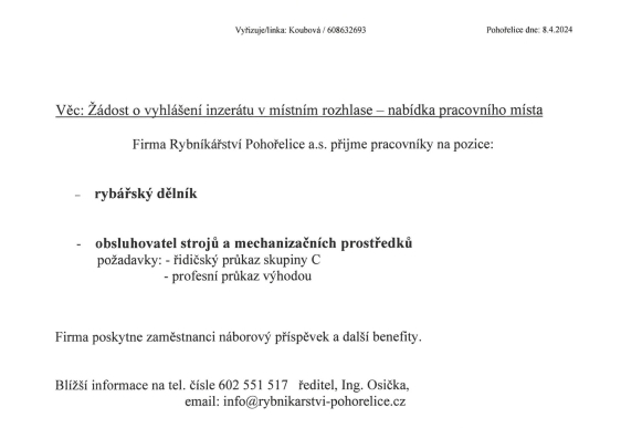 Rybníkářství Pohořelice a.s. - Nabídka pracovního místa